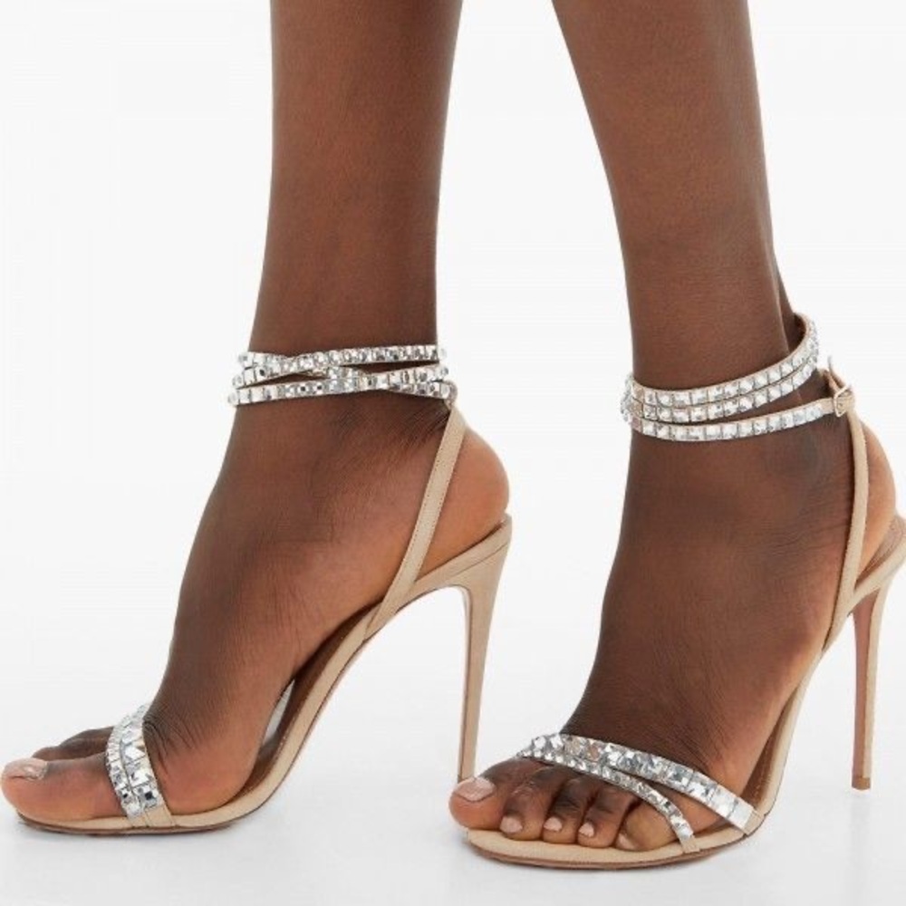 New AQUAZZURA So Vera 105 Crystal-embellished Suede Sandals In Beige $1,350 39